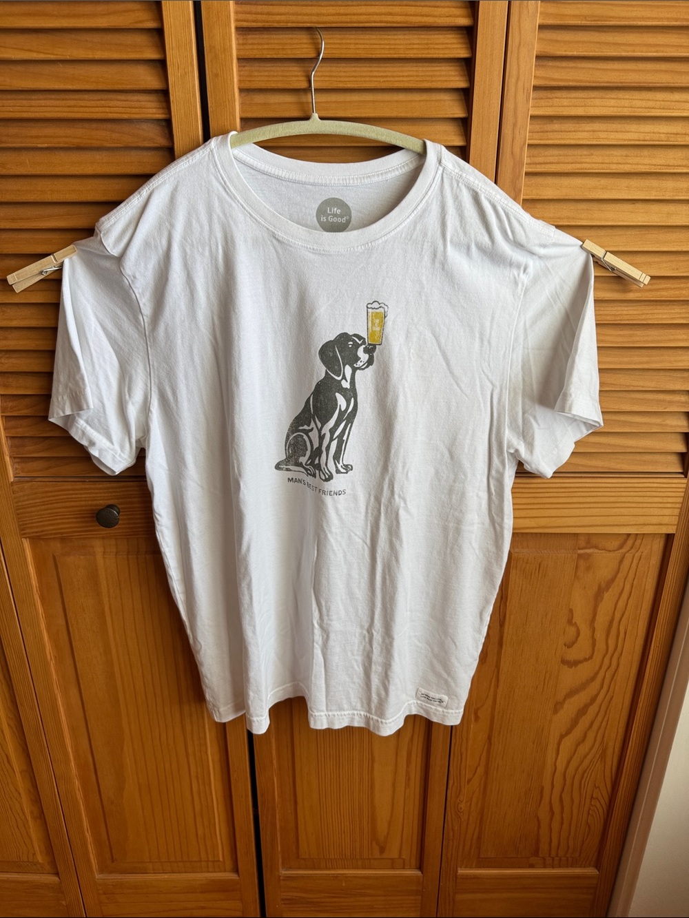 Life Is Good White Men’s T-Shirt with Black Dog and Yellow Drink Graphic